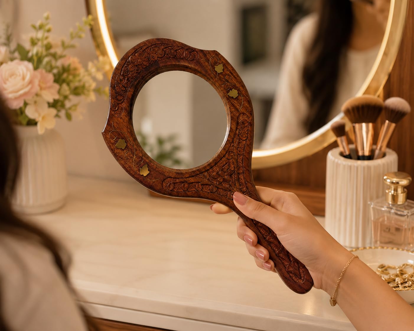 Handcrafted Wooden Hand Mirror | Vintage Carved Makeup Mirror | Decorative Dressing Table Mirror | Wooden Vanity Mirror for Women | Handmade Beauty Mirror for Makeup, Grooming & Home Decor-image-24