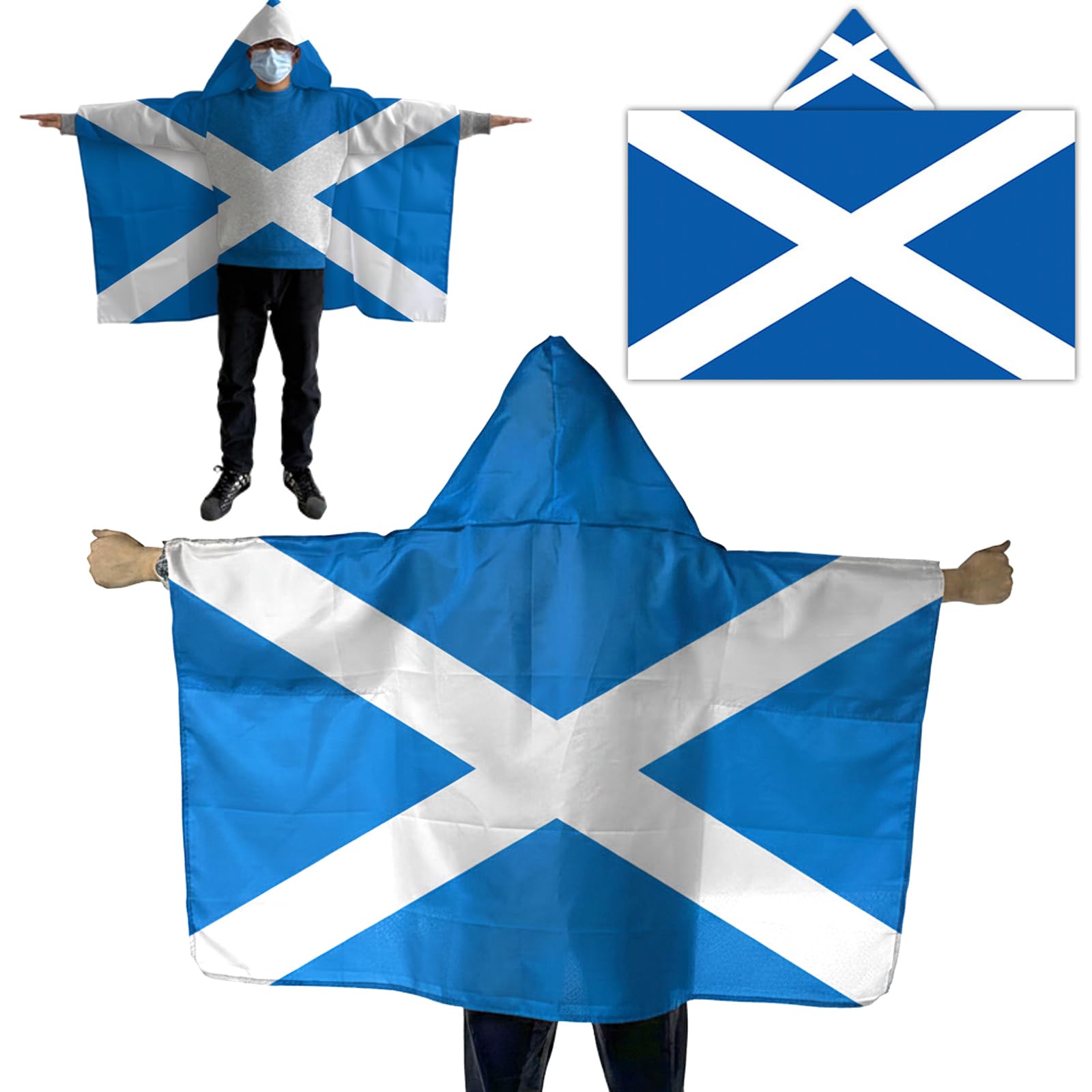 Yunlijia Unisex Red World Cup Football 2026 Scotland Flag Hooded Cape Poncho, Scottish Saltire St Andrew’s Cross Wearable Blanket For Adults Costume For Sports Events Festivals Parades Football Rugby Matche Party Outfit