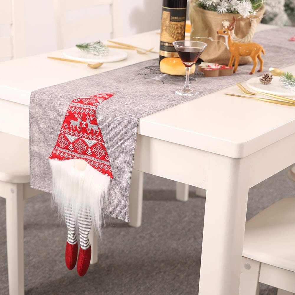 VKTYChristmas Dinner Table Runner, Xmas Table Runner Santa Claus Themed Linen Long Table Runner Cloth 180cm Home Decor Tablecloth Cover for Party Festival Holiday Decoration, Grey