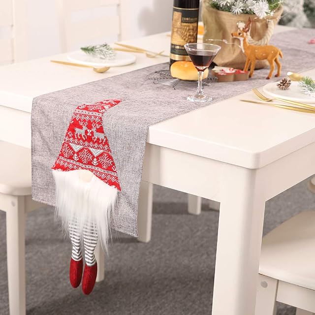 VKTY Christmas Dinner Table Runner, Xmas Table Runner Santa Claus Themed Linen Long Table Runner Cloth 180cm Home Decor Tablecloth Cover for Party Festival Holiday Decoration, Grey