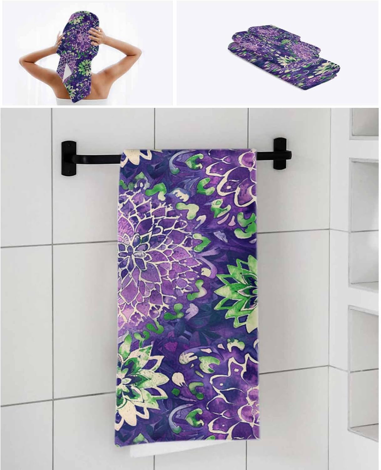 3 Piece Towels Set Purple Green Watercolor Flowers Bohemian Bath Towels Set Luxury Bath Towels for Bathroom, Soft Absorbent Bathroom Towels Set (1 Bath Towel,1 Towel and 1 Washcloth)