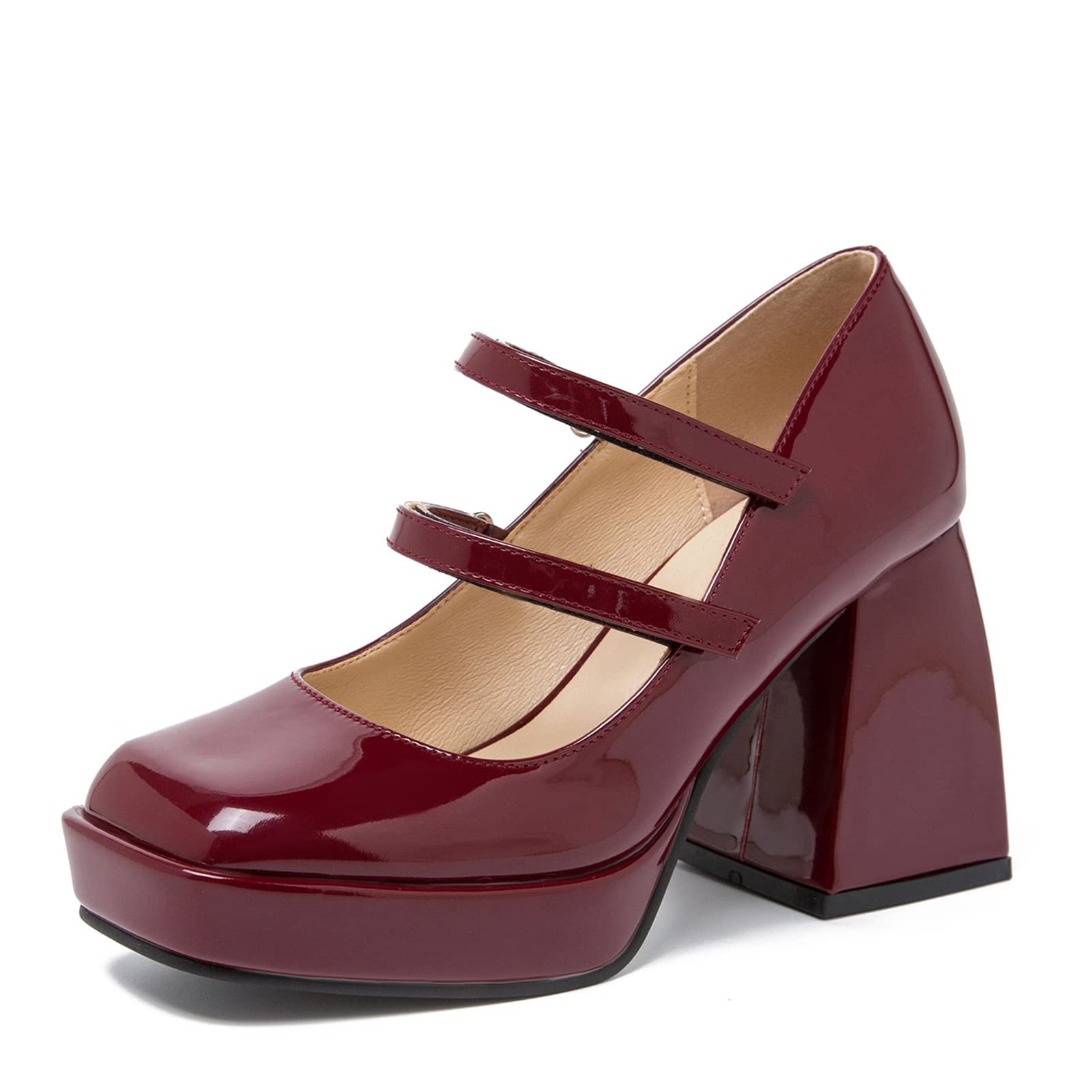 Womens Platform Heels Mary Jane Pumps Double Strap Chunky Block Heel Closed Square Toe Office Dress Party Shoes Wine Red Patent 43 US10