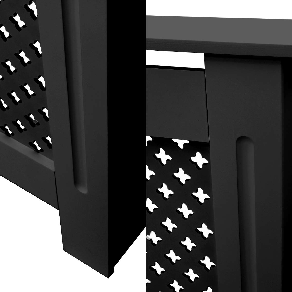 ECD Germany Cubierta del Radiador 152x19x82 cm MDF Negro Lacado Revestimiento Protector Moderno de Calefacción Patrón de Panal Superficie de Estantería Útil de Madera para Sala de Estar Dormitorio