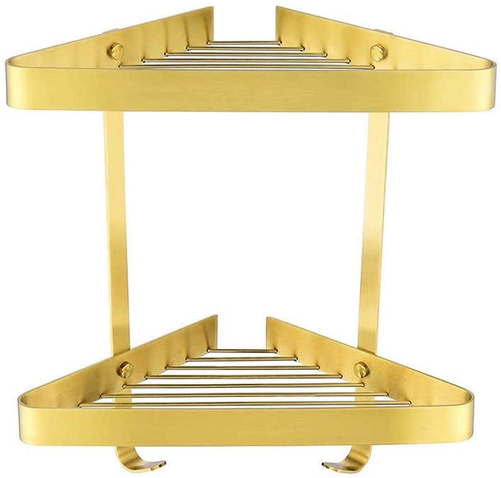 Gold 304 Stainless Steel Bathroom Corner Shelf Double Shower Caddy Wall Mounted Storage Basket Luxury 2 Hooks Stand