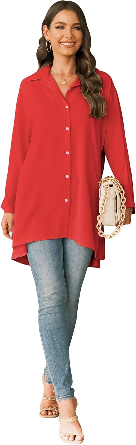 Aoysky Womens Oversized T Shirts Button Down Long Sleeve Shirt V Neck Collar Loose Flowy Blouse - Image 3