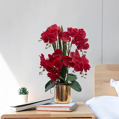 Miniatura 6 de CXGS Plantas de flores de orquídea artificial de tacto real, orquídeas falsas en jarrón de cerámica, orquídea Phalaenopsis roja de 20.9'', arreglo
