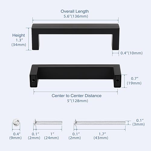 Miniatura 6 de KNOBWELL Paquete de 5 manijas de gabinete de cocina negras de 5 pulgadas, manijas cuadradas de acero inoxidable, tiradores de baño de 5-25 pulgadas