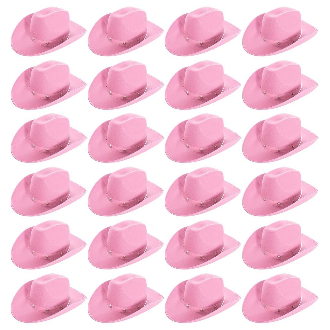 Adults Star Studded Cowboy Hat - Pack of 24 - Pink Felt Western Style Hat with Decorative Star Studs - Classic Wild West Fancy Dress Costume Accessory for Parties Festivals Cosplay Cowgirl Events