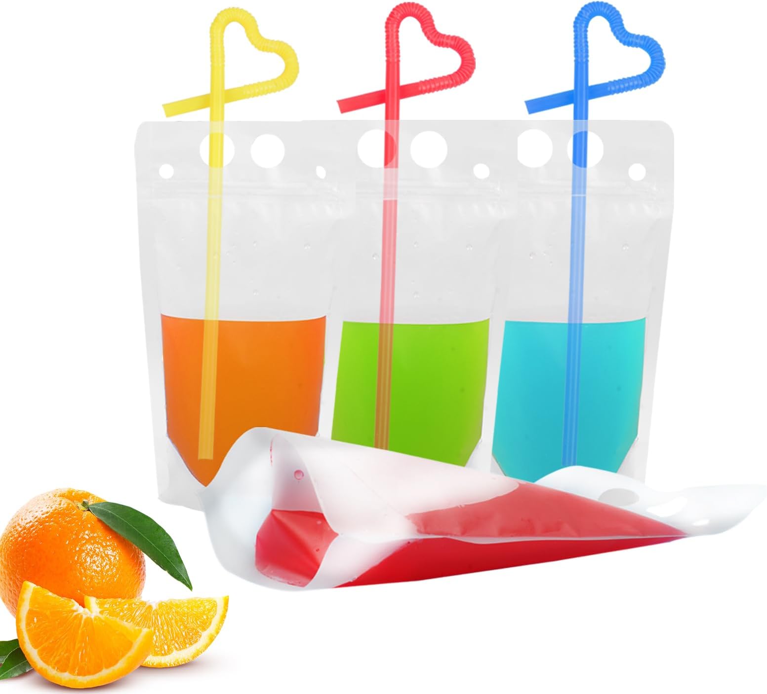 Drink Bags Stand up Reclosable Zipper Drinking Pouches Bags Hand-held Drinking with Plastic Straw,(50 Pack)