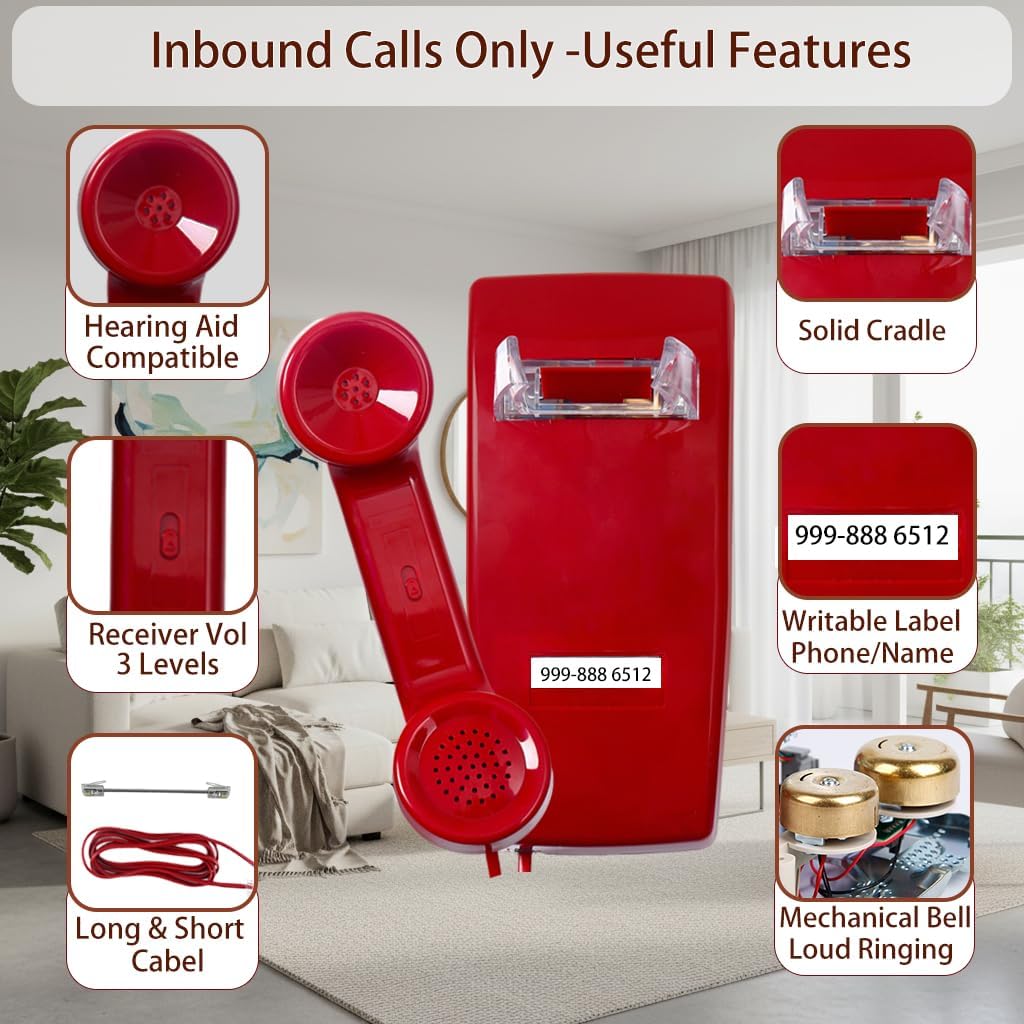 No Dial Wall Phone for Elderly Dementia, No Dialpad Wall Telephone for Older,Incoming Calls Only Wall Phones for Senior, 2554 Wall Telephone without Keypad for Memory Care,Home,Bar,Garage, Red
