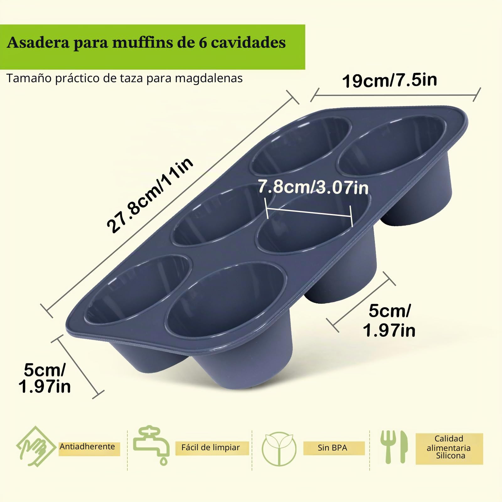 SUPER KITCHEN Grande Molde de Silicona para 6 Magdalenas, Bandejas para Hornear Muffin con Recubrimiento Antiadherente para Muffins, Cupcake, Brownie, Pudín 27,8 x 19 x 5 cm (Gris)