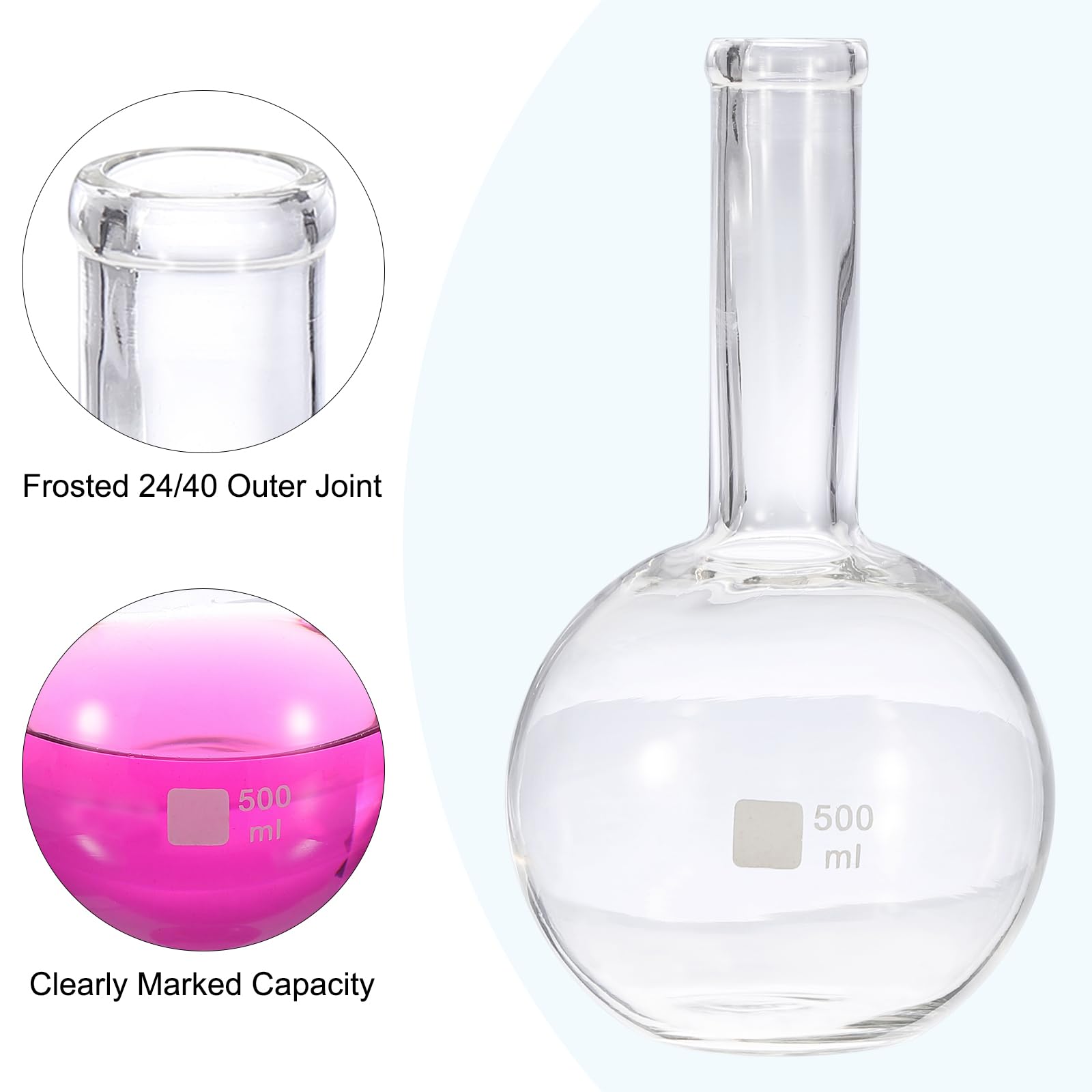 PATIKIL Pallone Da Laboratorio Da 500ml, 4Pz 3.3 Borosilicato Vetro Collo Singolo Fondo Piatto Parete Spessa Con Giunto Esterno Standard 24/40 Per Laboratorio, Trasparente
