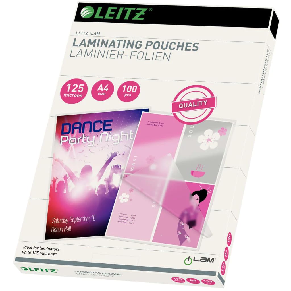 Leitz 33808 Laminating Pouches Made of 125 Micron Thick Material (Transparent, Glossy, A4) - Pack of 100