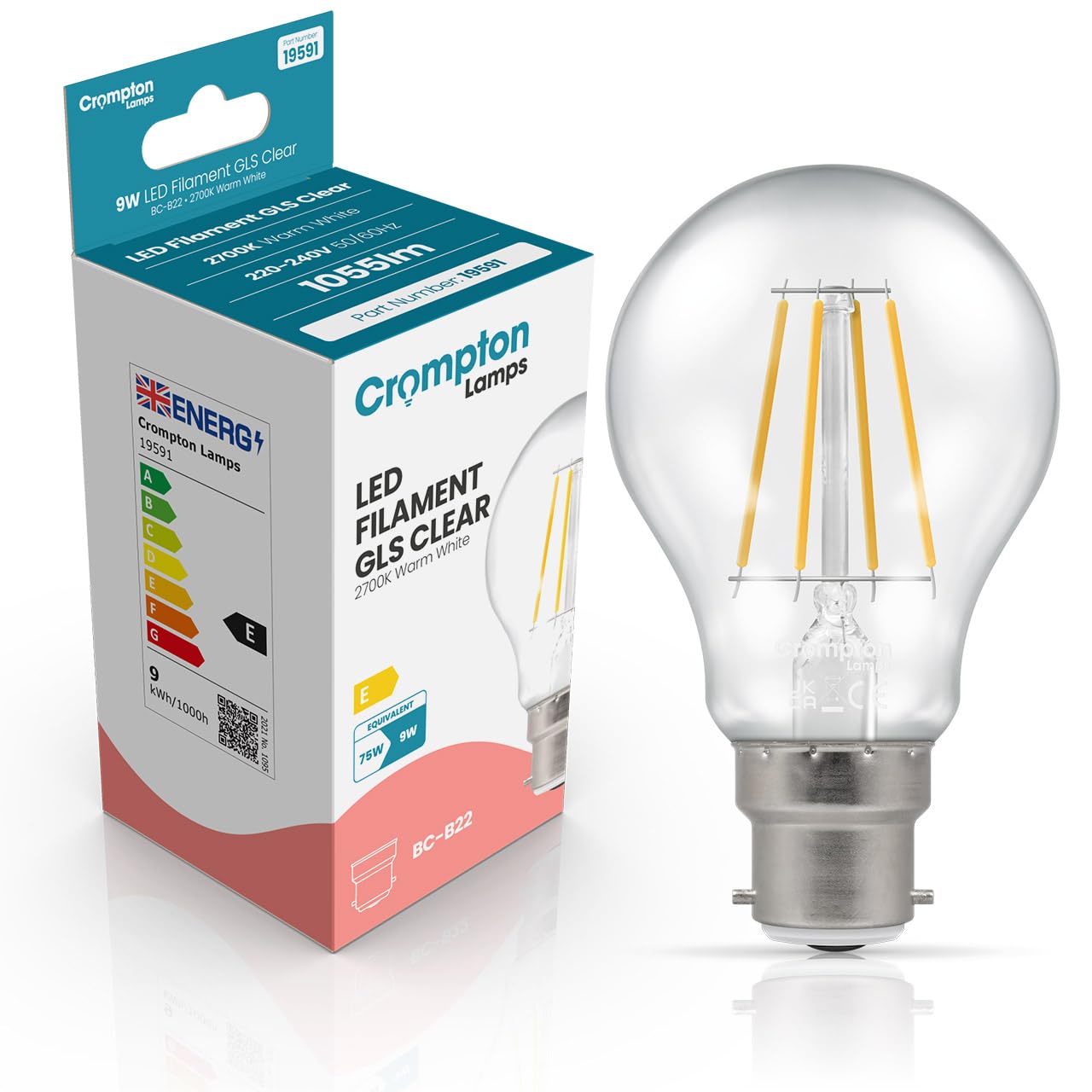 Crompton Lamps Filament GLS LED Light Bulb BC-B22d | 9W = 75W Equivalent | Warm White 2700K | Energy Efficient | Bayonet Lightbulb | Long Life 15,000-Hrs | Clear Glass | Dimmable