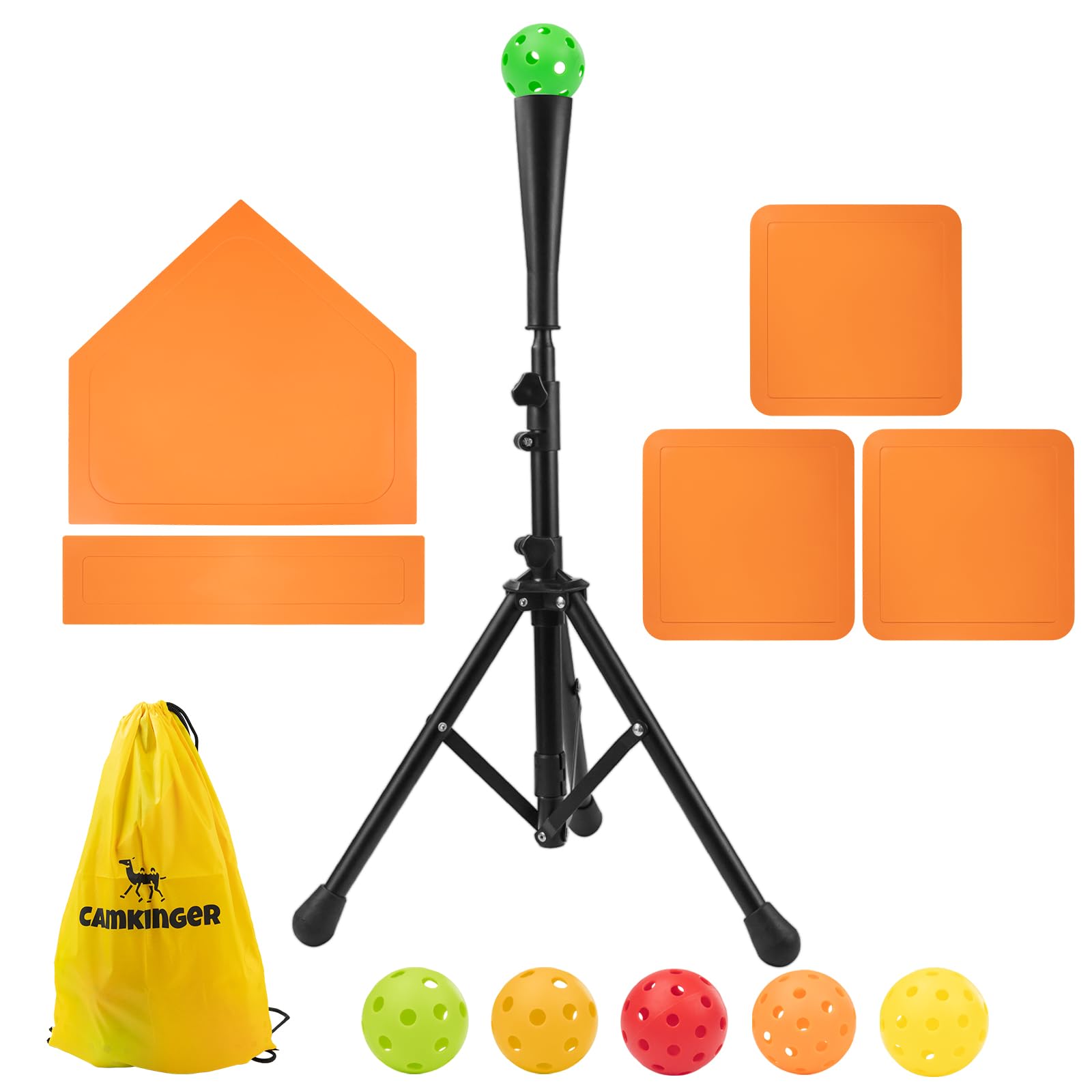 CamkingerBaseball Training Bundle丨12 Piece Tee-Ball Set with Adjustable Batting Tee, 5 Piece Thrown Down Baseball & Softball Base Set, 3 Hard & 3 Soft Plastic Training Balls and Carrying Bag