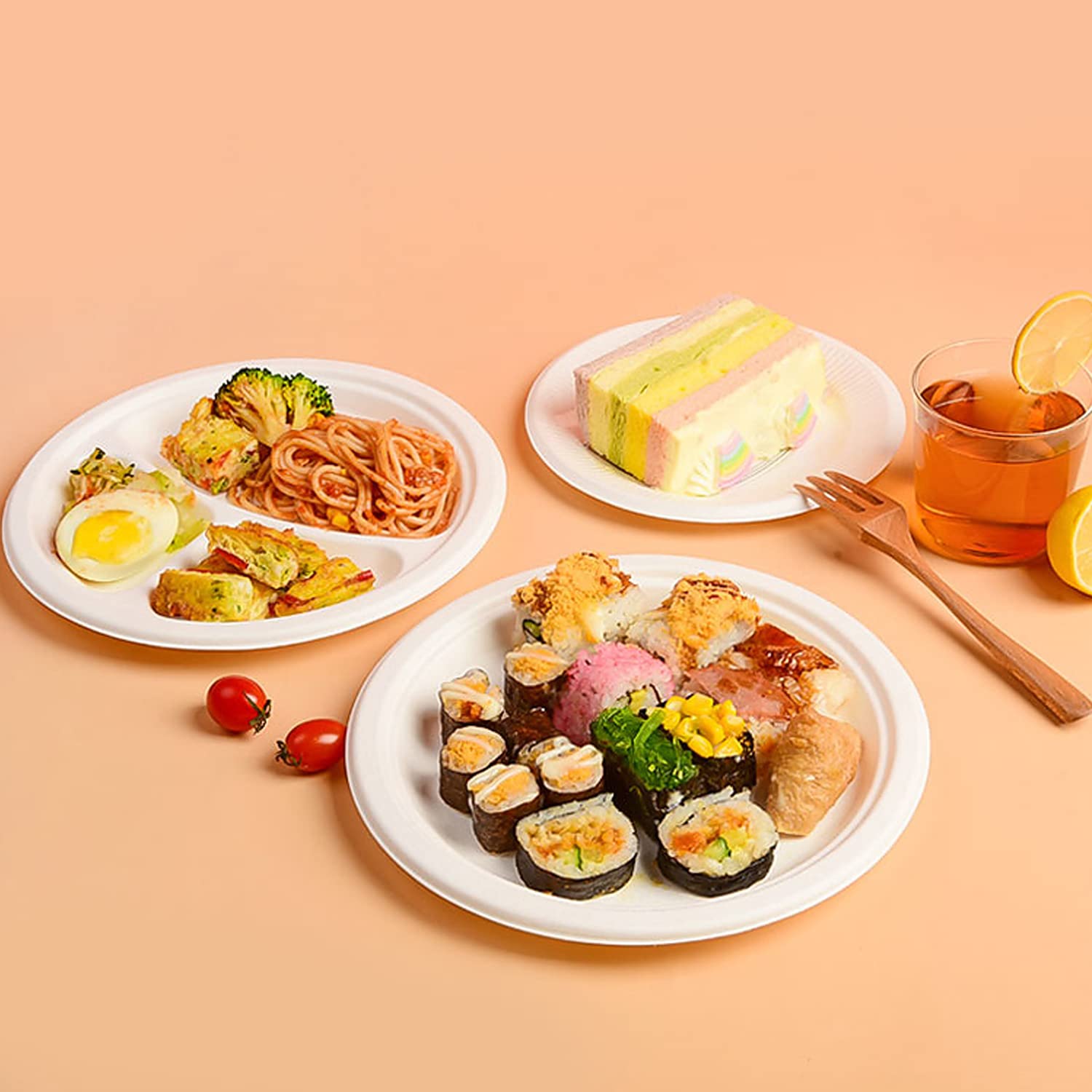 Assiettes et couverts en carton biodégradables jetables compostables en bagasse de canne à sucre, comprenant des plats de 7'' et 9'', fourchettes, couteaux et cuillères, barbecue, camping
