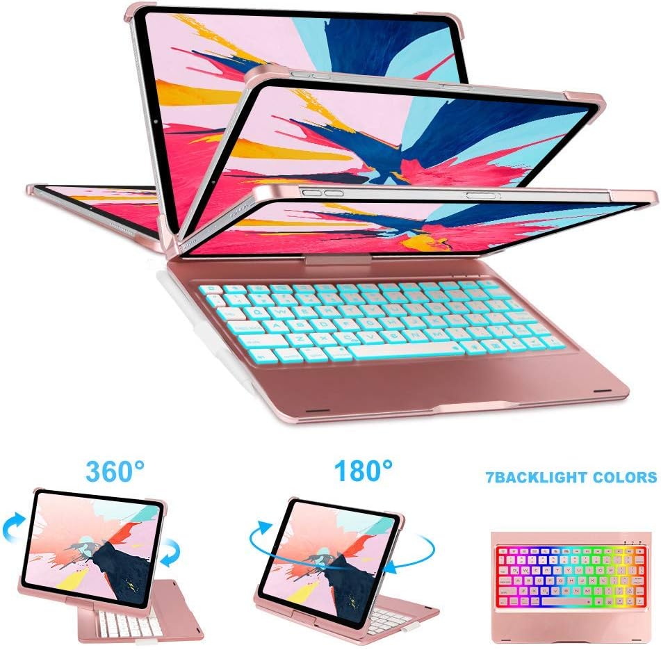 iPad Pro 11 Keyboard Case (2018 Release), Backlight 7 Colors - 360° Rotatable - Sleep/Wake - Wireless/BT - [ Supports Apple Pen Charging ] - iPad Pro 11 Case With Apple Pen Holder (Rose Goid)