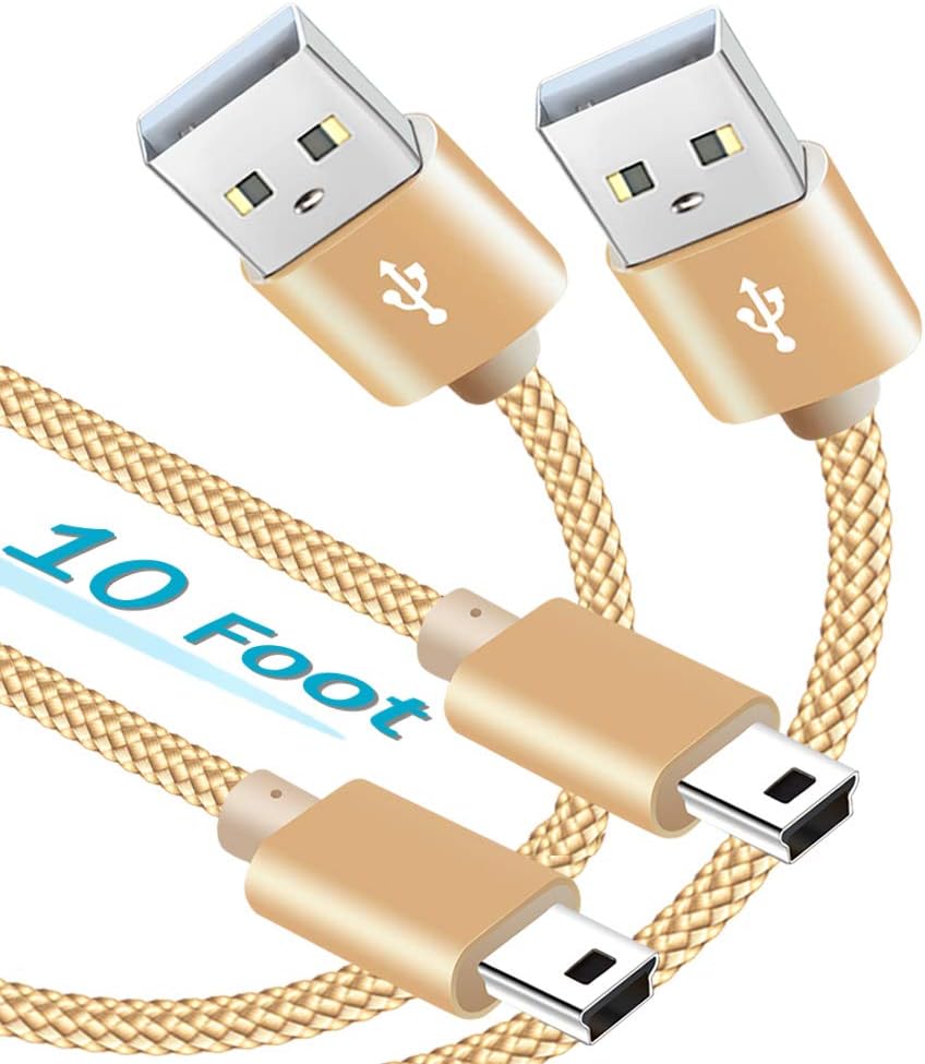 Mini USB Cable【10ft 2Pack】, Long Type A Male to Mini-B Charger Cord for GoPro Hero 3+,Canon PowerShot/Rebel/EOS/DSLR Camera,Braided PS3 Controller Charging Wire for Garmin Nuvi,Dash Cam