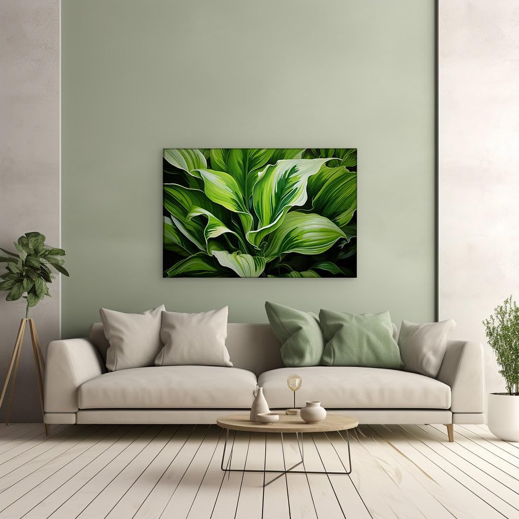Canvas for Living room. Vibrant Greenery: Striped Leaves Pop Against a Dramatic Black Backdrop, 27 x 18 inch Canvas Wall Art - Ready to Hang - 69x46 cm (27x18 inch)