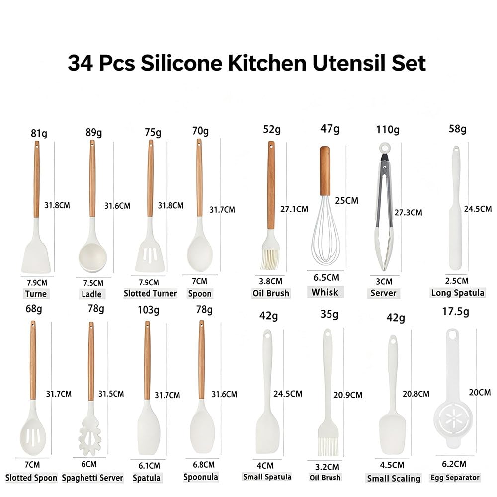 Set di 34 Utensili da Cucina in Silicone Alimentare, Kit Completo per Cucinare E Preparare Dolci con Contenitore, Accessori in Acciaio Inox E Set di Misurini E Cucchiai Dosatori Khaki