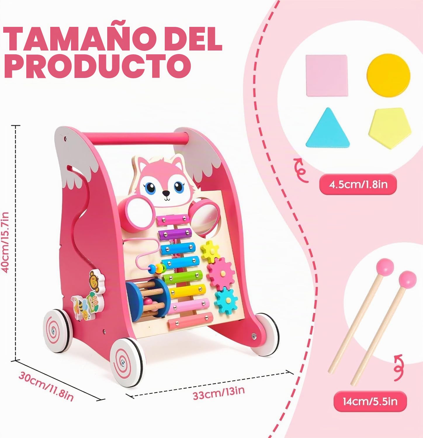 Andador Madera bebe con Características Montessori Multifuncionales Tacata bebe con Xilófono, Instrumentos Musicales y Clasificador de Formas.Correpasillos bebe 6-12 meses (Rosa).