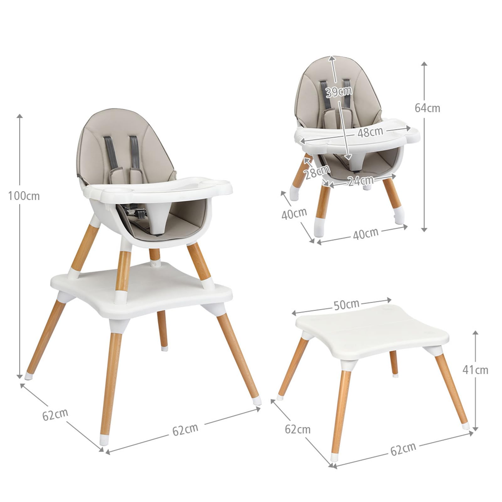 COSTWAY 4 in 1 Seggiolone Pappa, Seggiolone Evolutivo per Neonati Convertibile, con Cintura di Sicurezza, Vassoio Rimovibile, per Bambini 6-36 Mesi (Grigio)
