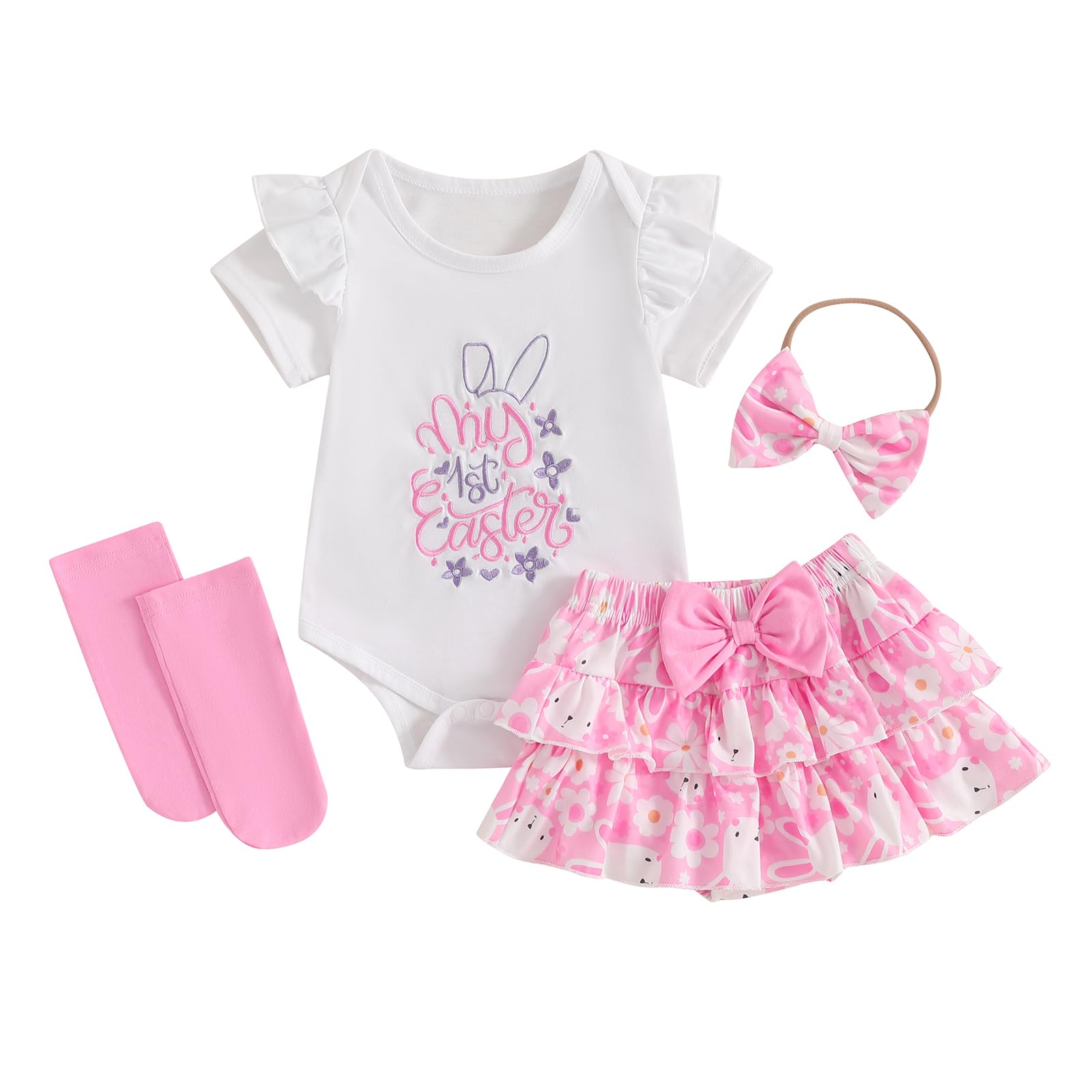 My First Easter Baby Girl Outfit Bunny Newborn Romper Shorts Skirt Socks Set Infant Toddler Cute Summer Clothes (B My 1st Easter White, 0-3 Months)