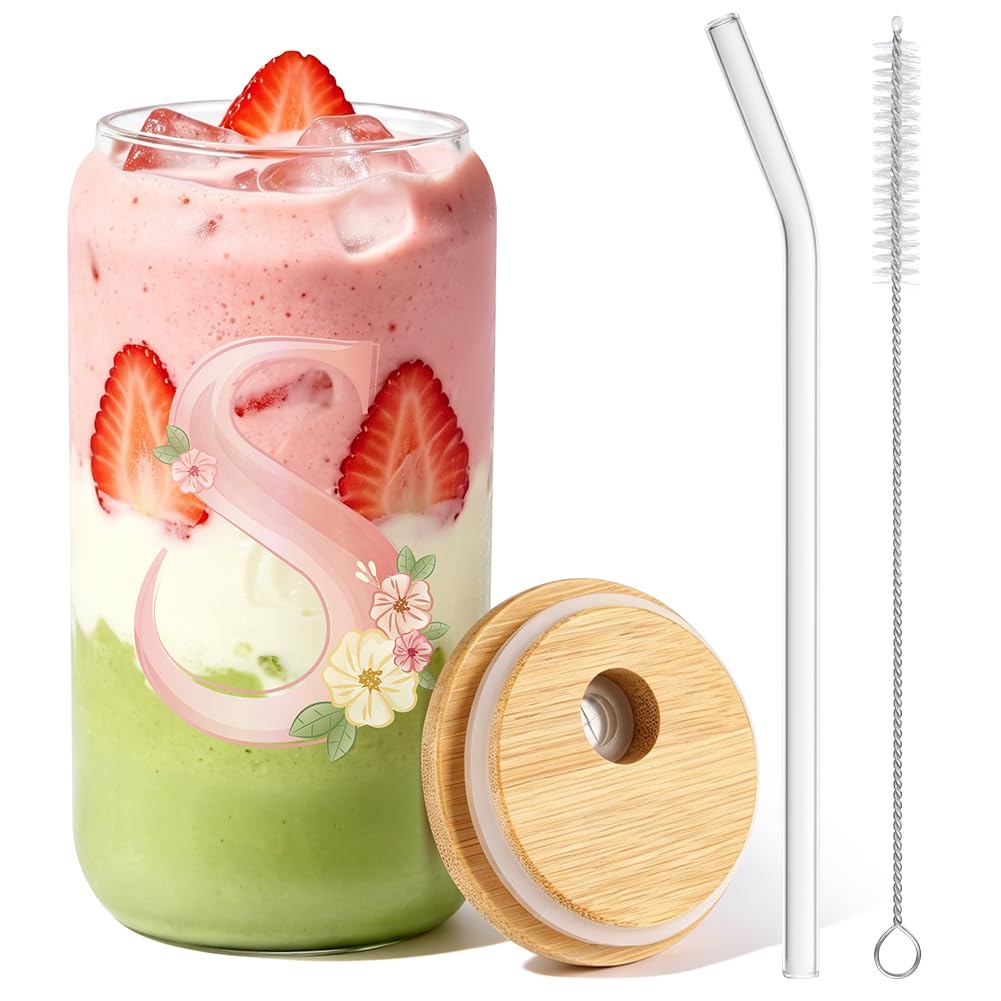 NUTKIT A-Z Letter Ice Coffee Cup, 17Oz Drinking Glasses, Initials Glass(S)