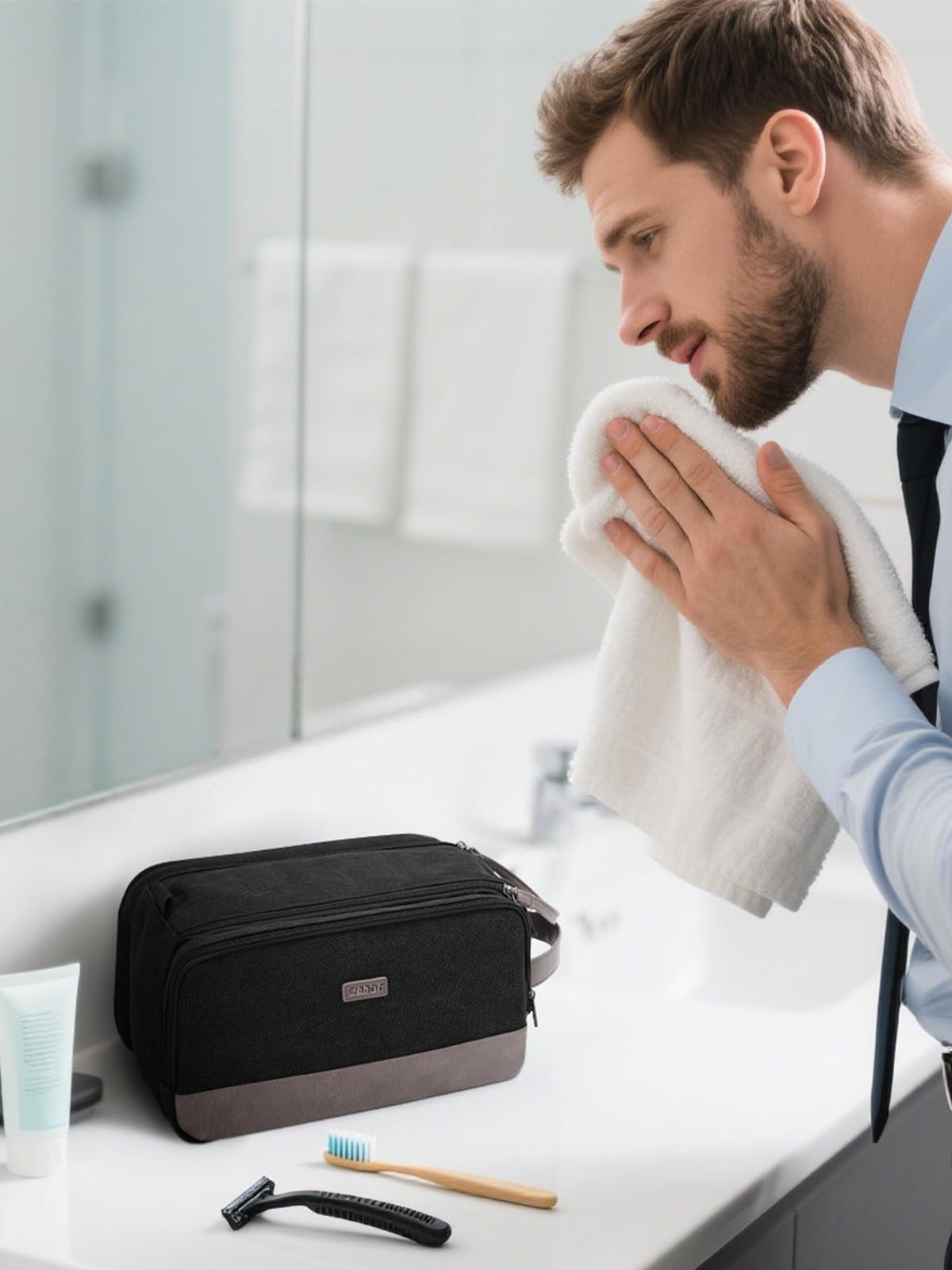 WANDF Neceser de Viaje para Hombre Impermeable, Bolsa de Aseo con Múltiples Compartimentos, Organizador para Afeitadora, Artículos de Higiene y Cosmética, Ideal para Viajes, Gimnasio o Trabajo, Negro