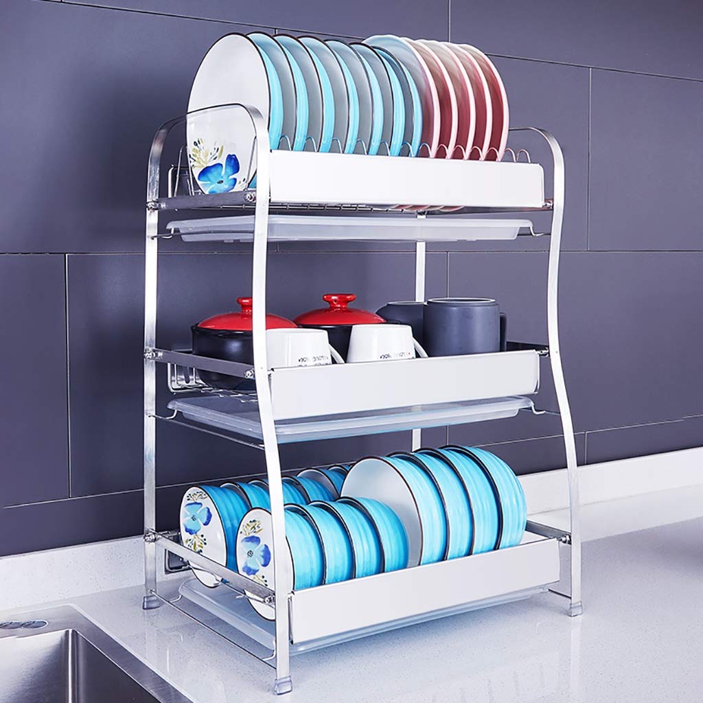 Escurridor de platos, 3 niveles con soporte para utensilios, soporte para tabla de cortar y escurridor de platos para encimera de cocina, estante de acero inoxidable plateado (tamaño: sin soporte