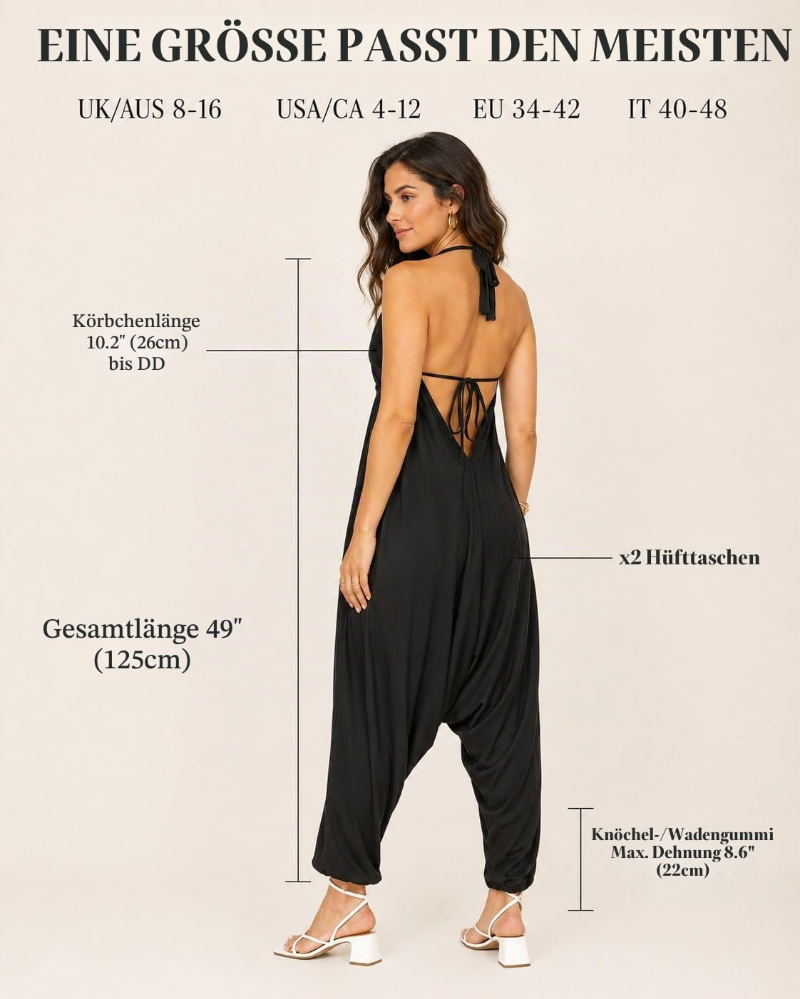 likemary Jumpsuit Damen Sommer – Luftiger Neckholder Overall mit Taschen – Boho Einteiler Damen mit Rückenausschnitt – Romper Damen Sommer Outfit
