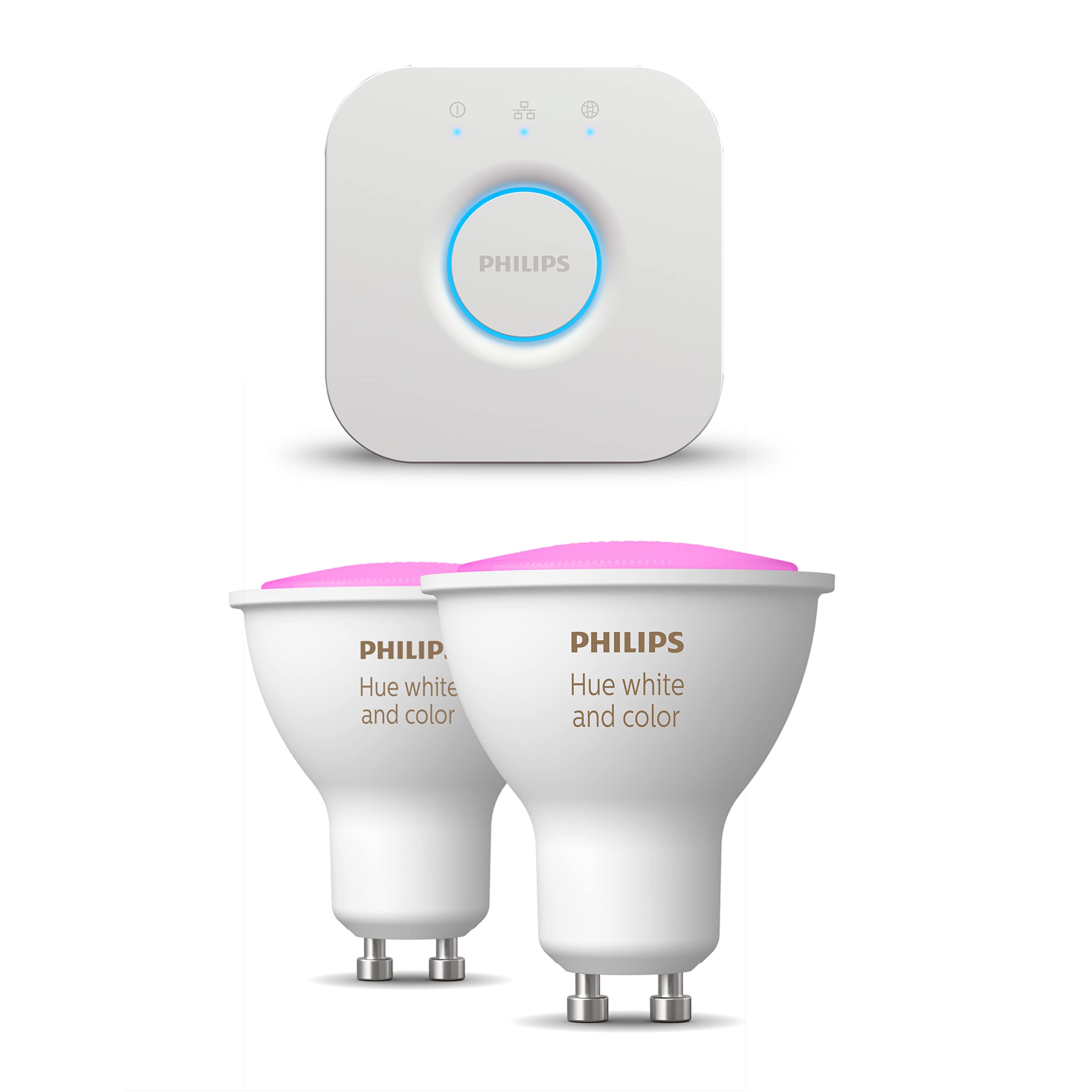 Philips Hue Starterpaket - GU10 - mit 2 Spots - Weißes und Farbiges Licht - inkl. 1 Hue Bridge - Hue White and Color Ambiance