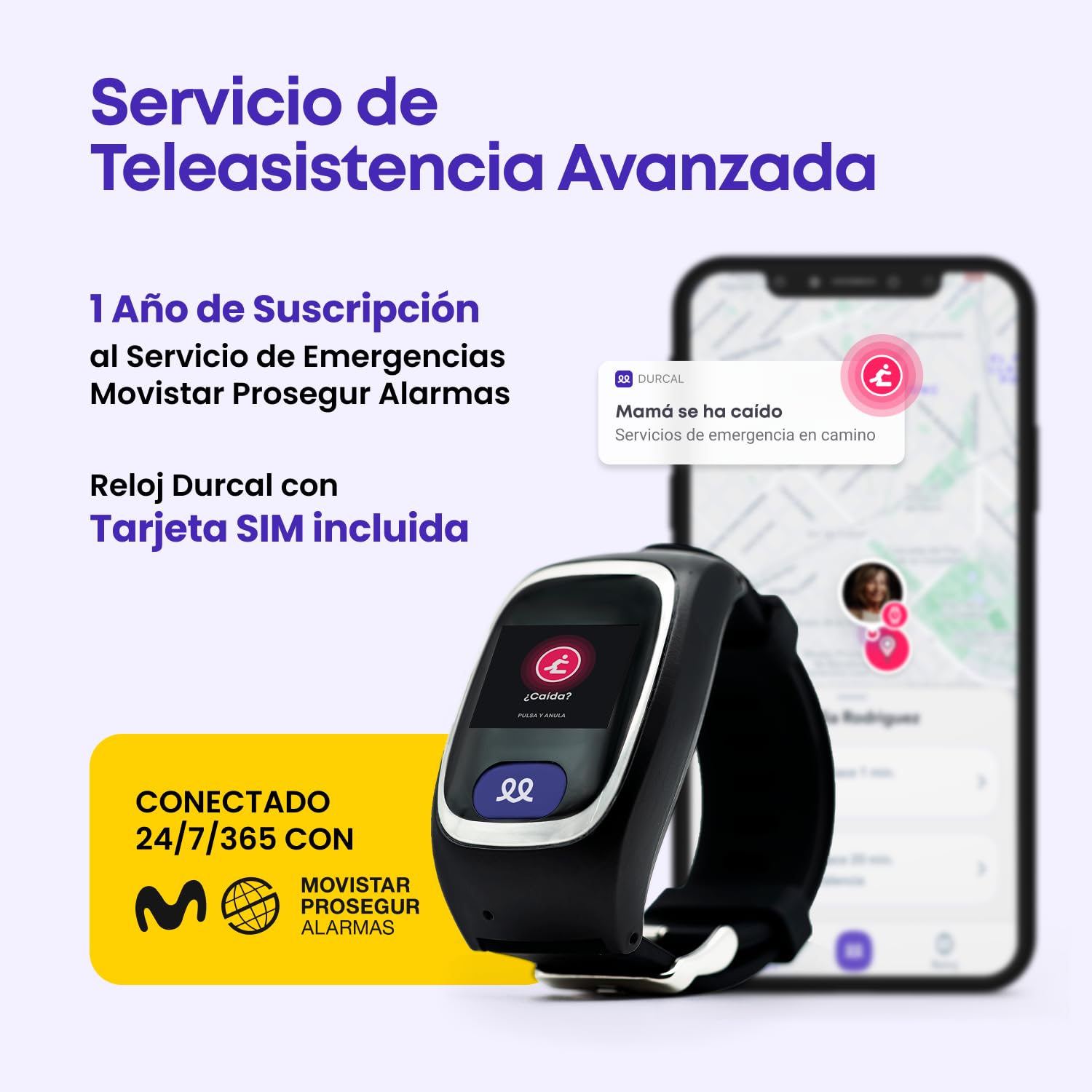 Durcal Reloj de Teleasistencia botón de Llamada SOS Conectado 24h a la Central de Emergencias
