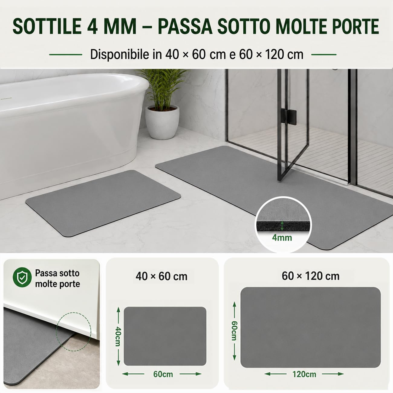 Set 2 Tappeto Bagno e Doccia Assorbente 40x60+60x120cm | Alta Assorbenza, Superficie Antiscivolo, Uso Bagno e Doccia, Materiale Diatomite, Design Compatto