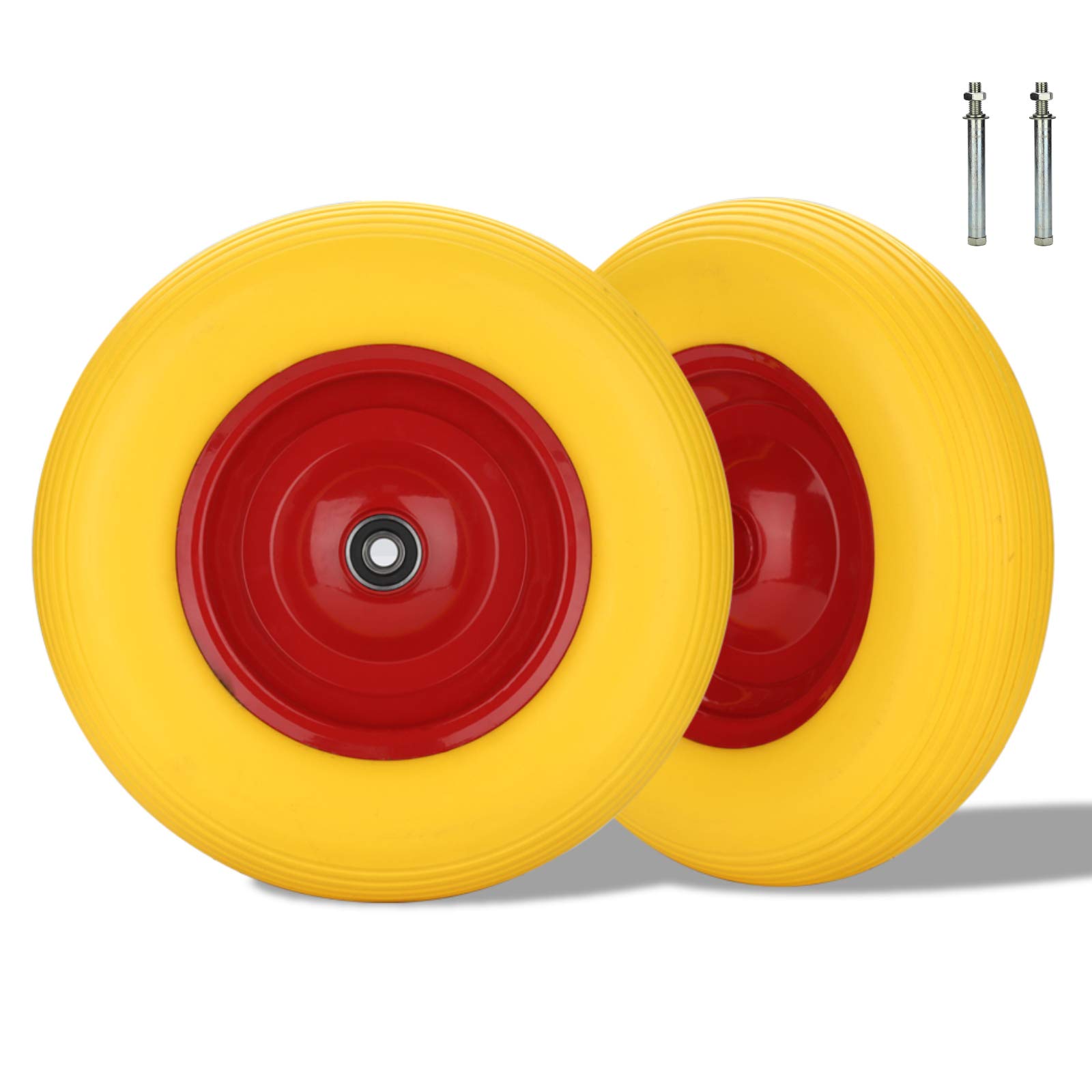 2x Schubkarrenrad Vollgummi mit Achse 4.80 4.00-8 Ø 390mm Gummirad, pannensicher, Stahlfelge PU Reifen gelb, für Gartenkarren
