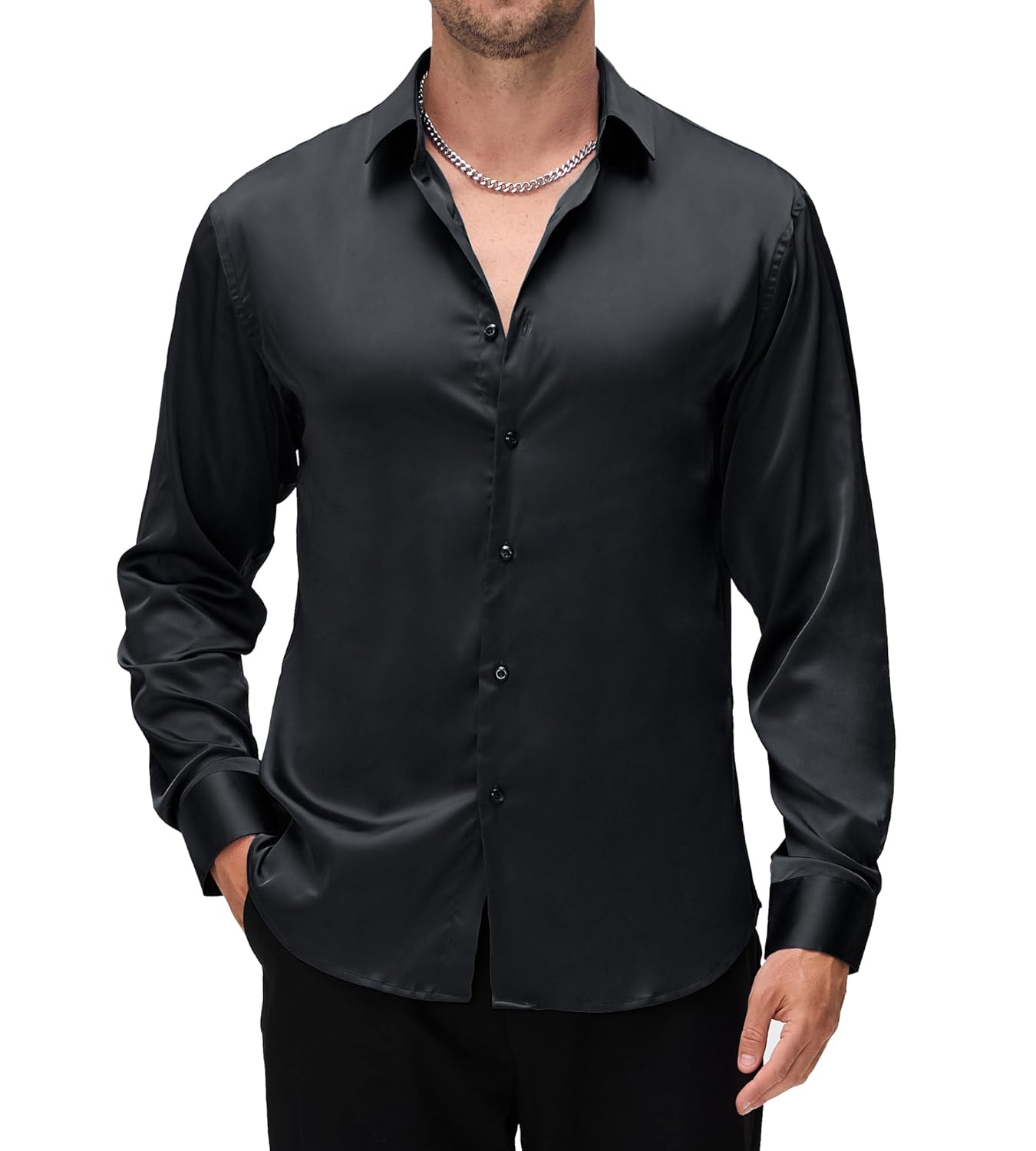 Alex Vando Mens Luxury Satin Dress Shirt Long Sleeve Silk Shiny Sateen Party Shirt
