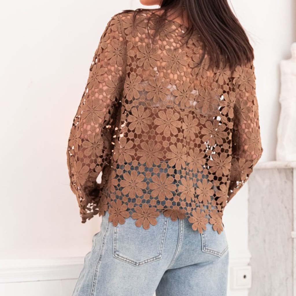 Going Out Tops for Women Floral Crochet Lace Long Sleeve Top Scalloped Neck Hollow Out Casual Loose Blouse for Women
