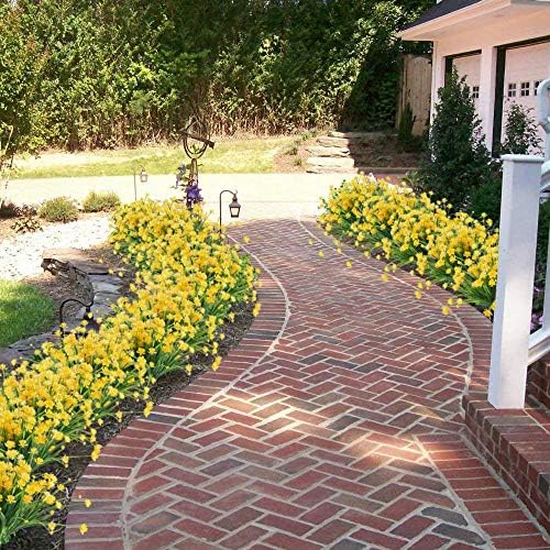 HUAESIN Artificial Fake Flowers 4Pcs Realistic Plastic Daffodils Flowers Greenery Shrubs Plants Bushes Indoor Outdoor UV Resistant Yellow Hanging Basket Planter Vase Pot Cemetery Decor
