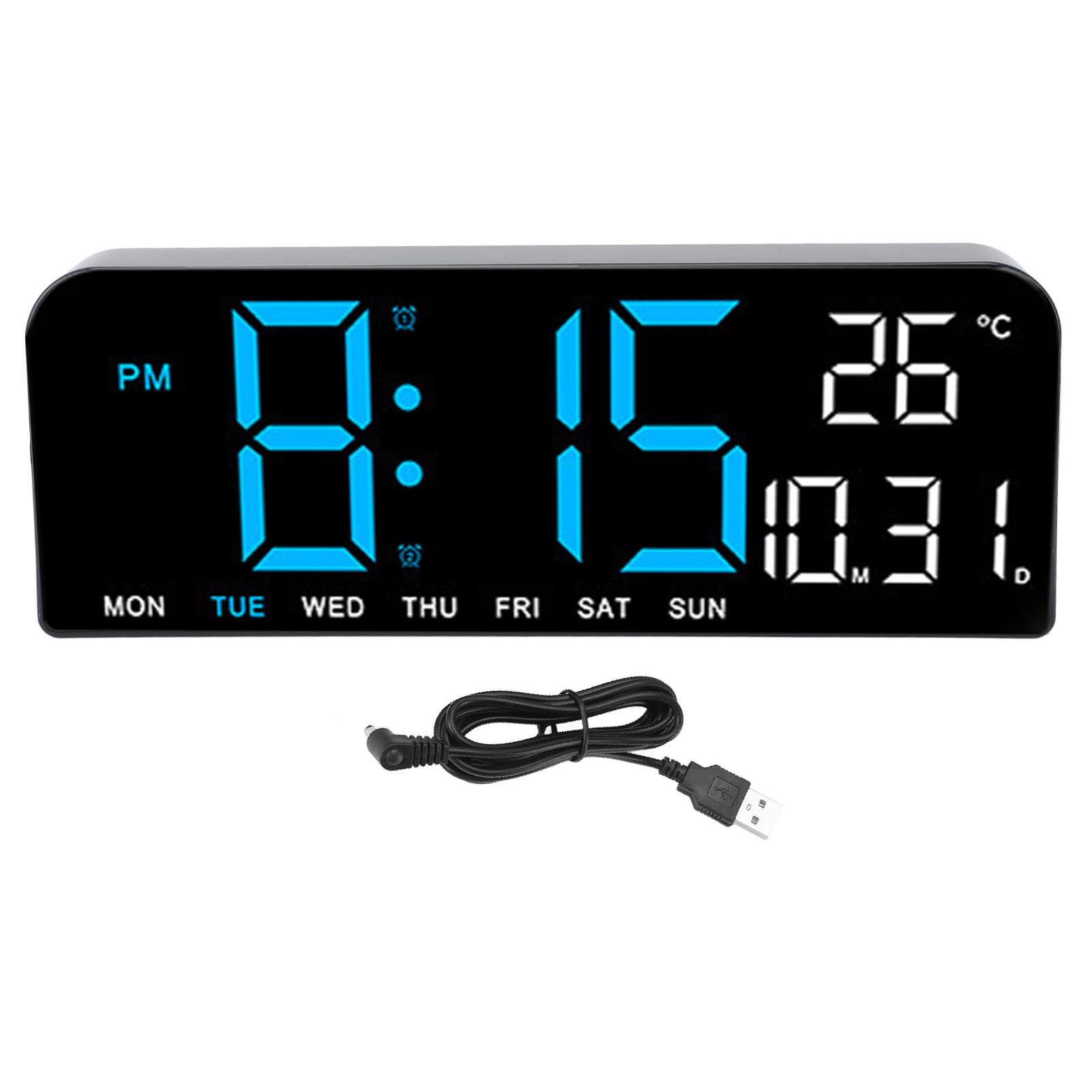 YUKERMARB Digital Alarm Clock, Large LED Display Desk Wall Clock with Temperature Date Week Adjustable Brightness 12 24H Display Dual Alarms and Timing Function (Blue)