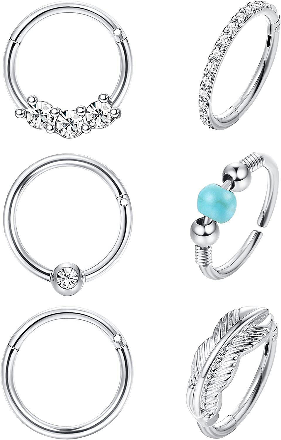 LOLIAS6 Piezas Pendientes de Aro de Cartílago Acero Inoxidable de 18G ópalo Con Bisagras Clicker Anillo Para la Nariz Hélice Tabique Sofá Daith Labio Trago Piercing Pendientes Para Dormir