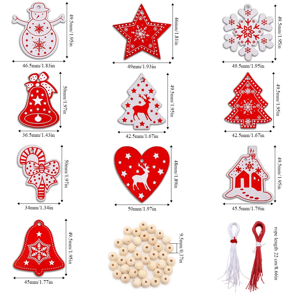 Pilikoll 40 Pcs Wooden Hanging Christmas Tree with Ropes and Beads White & Red Wooden Christmas Craft Hangings Pendant Ornaments for DIY Wood Crafts christmas Tree Ornaments - Image 2