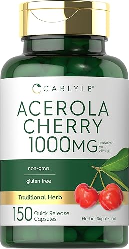 Carlyle Cápsulas de cereza Acerola 1000 mg 365 unidades Extracto sin OMG y sin gluten Baya de acerola