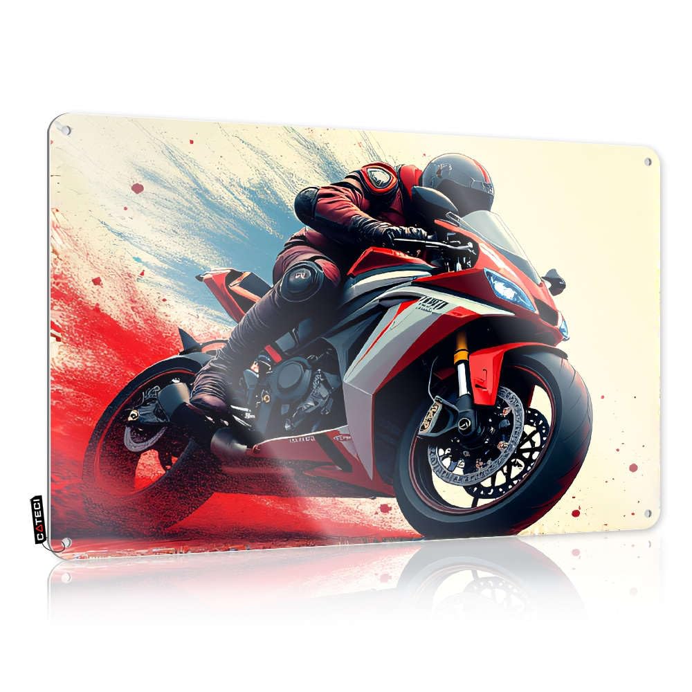 Fzfn Colour Matal Sign Vintage Bathroom Decor Vintage Style | Rider Speeding On A Red Motorcycle. Patriotic Fun Home Decor(30X40cm)