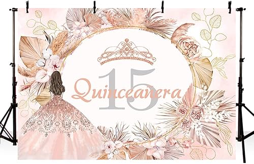 Miniatura 8 de MEHOFOND Telón de fondo bohemio floral de quinceañera de cumpleaños 15 para niñas, rosa verde, hierba de las pampas, Mis membrillo Anos, decoración