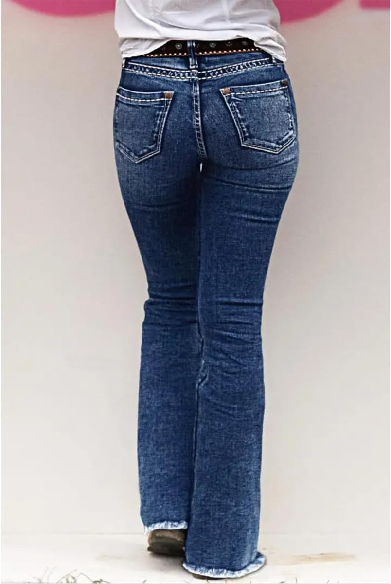 Women's High Waisted Bootcut Jeans Stretchy Flare Button Embellished Western Denim Pants