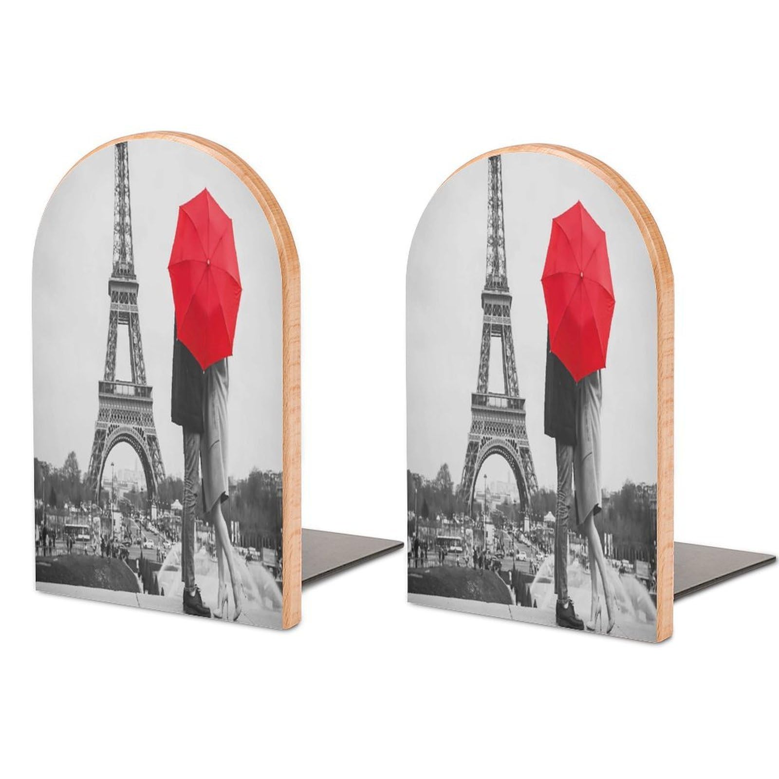 Vintage Style Black White Eiffel Tower Paris Couple Red Umbrella Picture Beech Wood Bookends Heavy Duty Book Organizers Desktop File Holder for Office Home Bookshelf