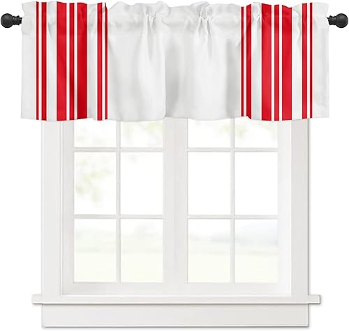 Kitchen Valance Curtains for Living Room, Red White Stripes Rod Pocket Window Treatment Valance for Bedroom Home Decor Washable Curtain Valance 54 x