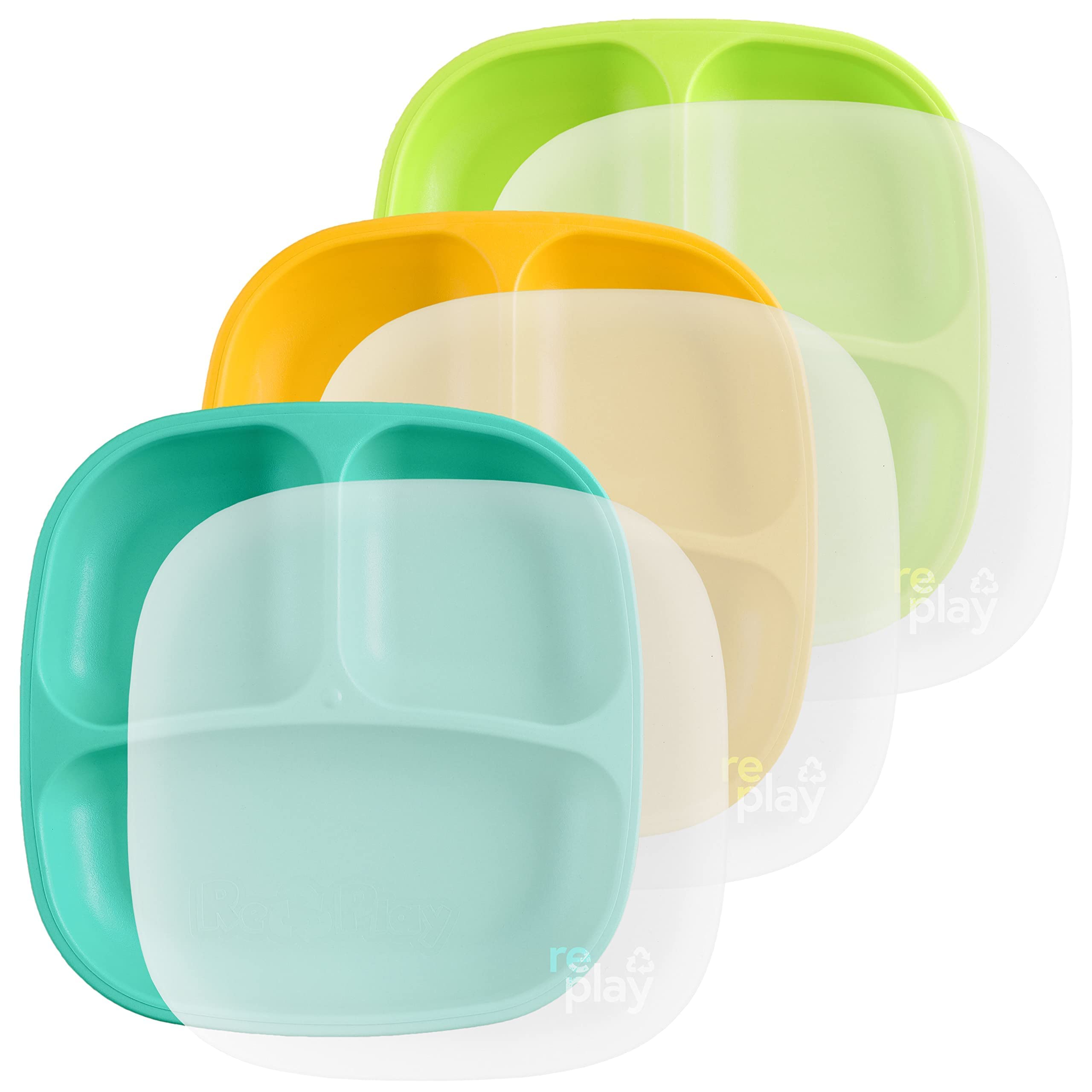 Re-PlayMade in USA 7" Deep Walled Divided Plates for Kids, Set of 3 With 3 Lids - Reusable 3 Compartment Plates, Dishwasher and Microwave Safe - 7.37" x 7.37" x 1.25", Aqua Asst