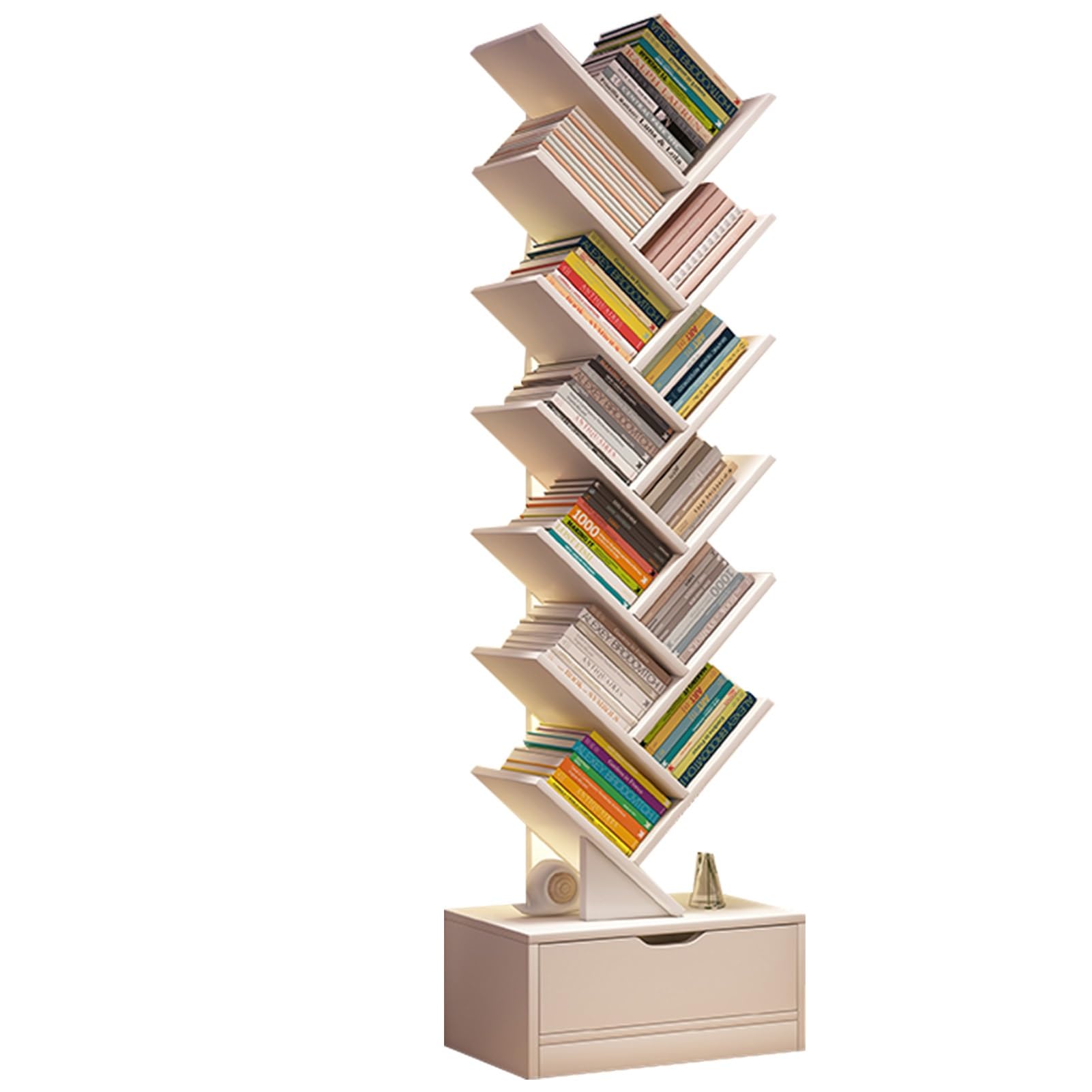 Estantería de Suelo Creative Tree Estantería de exposición para Libros para Adultos y niños Almacenamiento de Varias Capas Diseño de casillero Inferior para una Gran Variedad de artículos(Blanco)