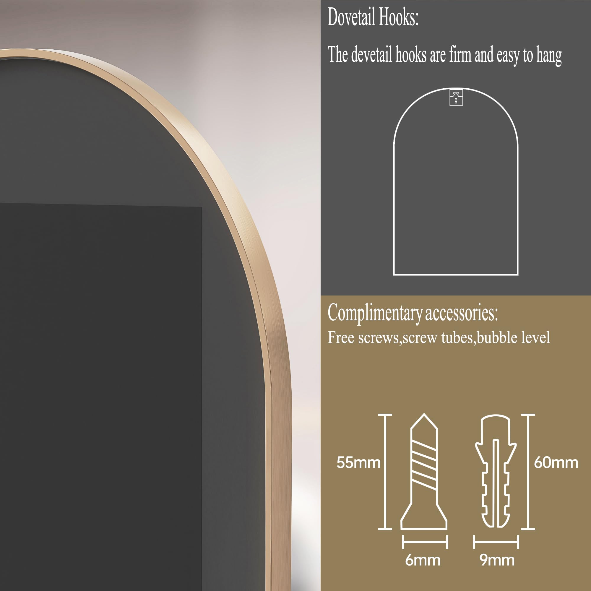 RICHTOP 22x30 Gold Arch Mirror, Arched Gold Bathroom Mirror, Mantel Mirror, Gold Metal Frame Mirror for Fireplace Entryway Livingroom, Explosion-Proof HD